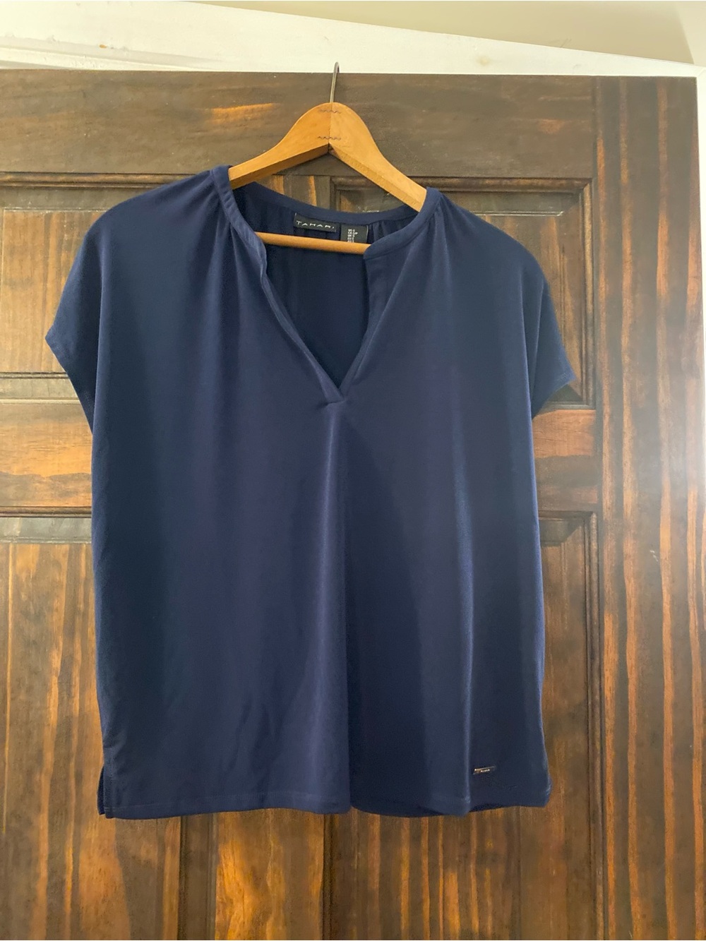 Tahari Navy Short-Sleeve Split V-Neck Top
